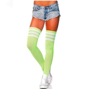 Leg Avenue 3 White Stripe Athletic Ribbed Thigh High OS Neon Green Novelty Socks